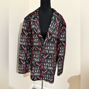 Festive Black Blazer with Holiday Print
